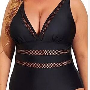 Love My Curves Women’s Size 20 One Piece Swimsuit Black Eyelet Style 336 v-neck
